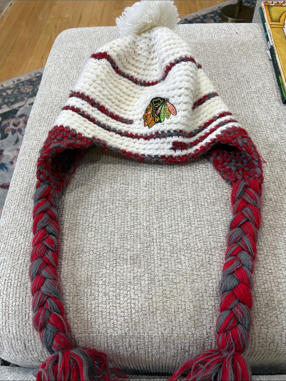 White and Red Knit Pom-Pom Earflap Hat with Team Patch